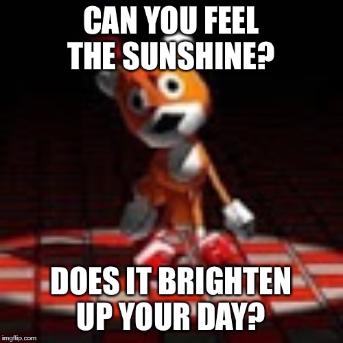 Tails Doll | CAN YOU FEEL THE SUNSHINE? DOES IT BRIGHTEN UP YOUR DAY? | image tagged in tails doll,memes | made w/ Imgflip meme maker