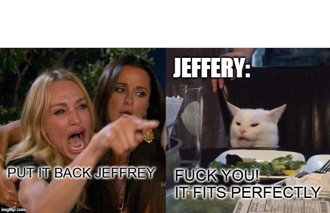 Woman Yelling At Cat Meme | PUT IT BACK JEFFREY F**K YOU!
IT FITS PERFECTLY JEFFERY: | image tagged in memes,woman yelling at a cat | made w/ Imgflip meme maker