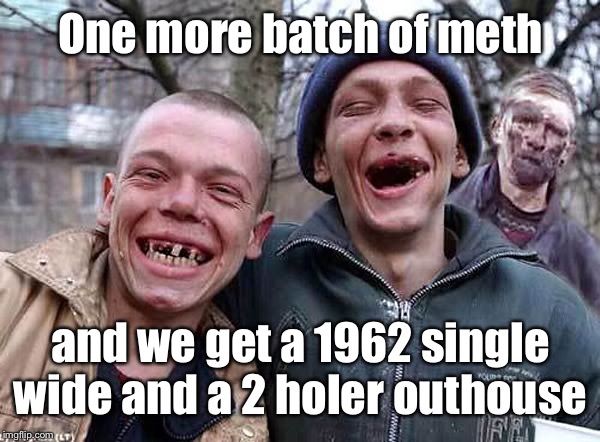 Toothless Redneck | One more batch of meth and we get a 1962 single wide and a 2 holer outhouse | image tagged in toothless redneck | made w/ Imgflip meme maker
