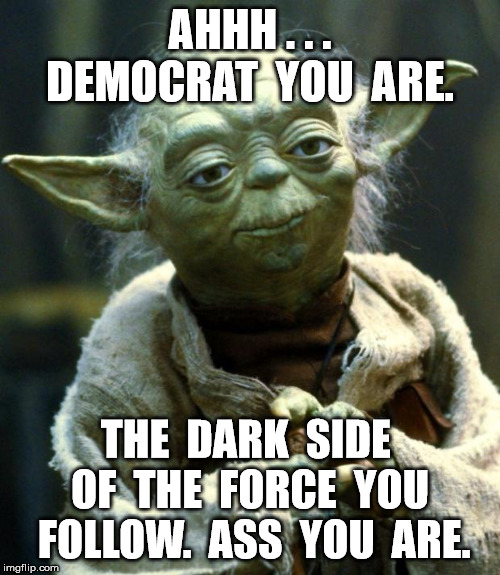 Star Wars Yoda | AHHH . . . DEMOCRAT  YOU  ARE. THE  DARK  SIDE  OF  THE  FORCE  YOU  FOLLOW.  ASS  YOU  ARE. | image tagged in memes,star wars yoda | made w/ Imgflip meme maker