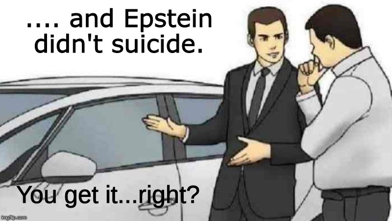 Car Salesman Slaps Roof Of Car Meme |  .... and Epstein didn't suicide. You get it...right? | image tagged in jeffrey epstein,suicide | made w/ Imgflip meme maker