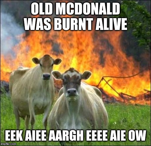 Evil Cows | OLD MCDONALD WAS BURNT ALIVE; EEK AIEE AARGH EEEE AIE OW | image tagged in memes,evil cows | made w/ Imgflip meme maker