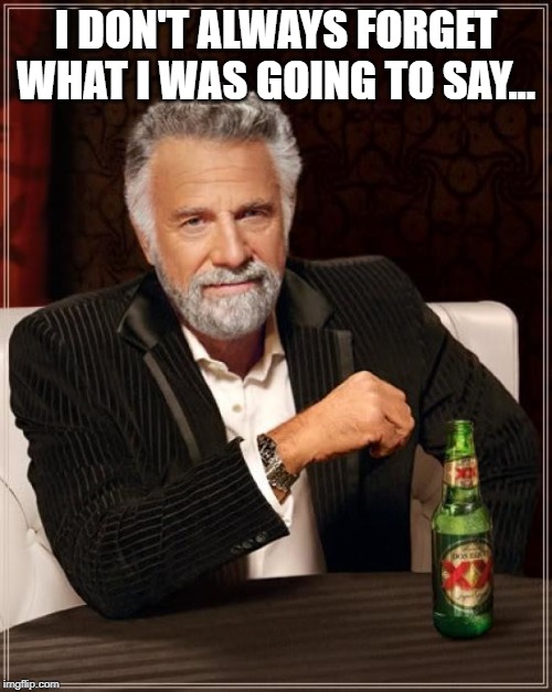 The Most Interesting Man In The World | I DON'T ALWAYS FORGET WHAT I WAS GOING TO SAY... | image tagged in memes,the most interesting man in the world | made w/ Imgflip meme maker