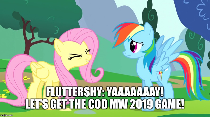 Fluttershy gets COD MW 2019 in nutshell | FLUTTERSHY: YAAAAAAAY! LET’S GET THE COD MW 2019 GAME! | image tagged in mlp fim,call of duty,modern warfare,2019,rainbow dash,fluttershy | made w/ Imgflip meme maker