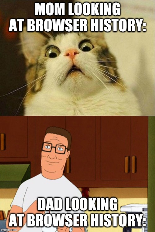 MOM LOOKING AT BROWSER HISTORY:; DAD LOOKING AT BROWSER HISTORY: | image tagged in memes,scared cat,hank hill coffee | made w/ Imgflip meme maker