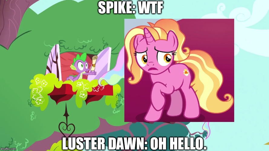 Luster Dawn meets young Spike | SPIKE: WTF; LUSTER DAWN: OH HELLO. | image tagged in mlp fim,spike,my little pony,2019,finale | made w/ Imgflip meme maker
