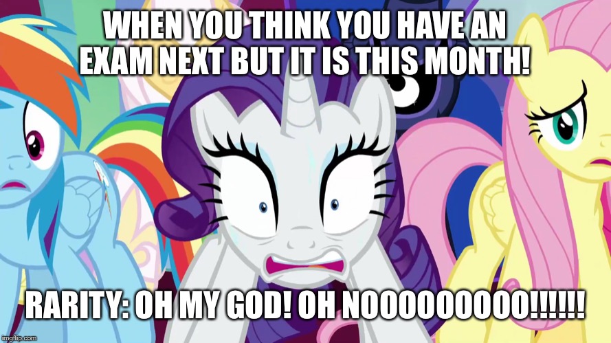 When you forgot there is an exam today | WHEN YOU THINK YOU HAVE AN EXAM NEXT BUT IT IS THIS MONTH! RARITY: OH MY GOD! OH NOOOOOOOOO!!!!!! | image tagged in rarity,mlp fim,rainbow dash,fluttershy,finale,exam | made w/ Imgflip meme maker