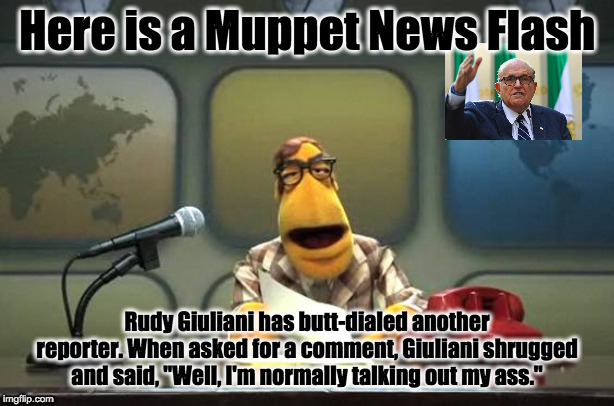 Muppet News Flash | Here is a Muppet News Flash; Rudy Giuliani has butt-dialed another reporter. When asked for a comment, Giuliani shrugged and said, "Well, I'm normally talking out my ass." | image tagged in muppet news flash | made w/ Imgflip meme maker
