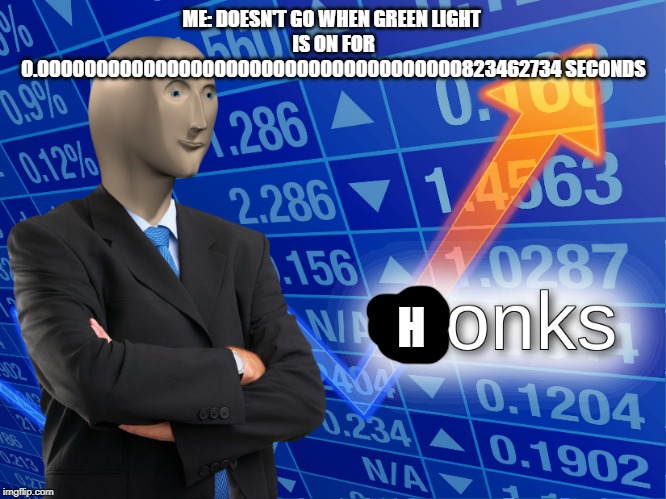 stonks | ME: DOESN'T GO WHEN GREEN LIGHT 
IS ON FOR 0.000000000000000000000000000000000000823462734 SECONDS; H | image tagged in stonks | made w/ Imgflip meme maker