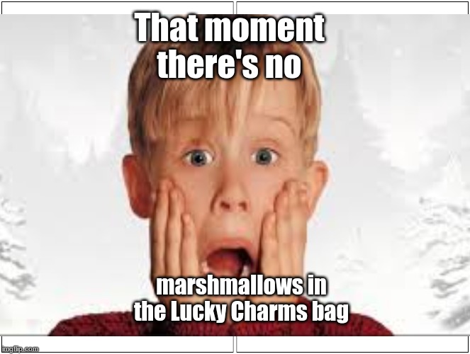 Where are the MARSHMELLOS!! | That moment there's no; marshmallows in the Lucky Charms bag | image tagged in home alone kid | made w/ Imgflip meme maker