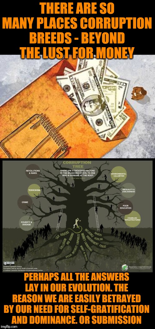 Corruption Tree | THERE ARE SO MANY PLACES CORRUPTION BREEDS - BEYOND THE LUST FOR MONEY; PERHAPS ALL THE ANSWERS LAY IN OUR EVOLUTION. THE REASON WE ARE EASILY BETRAYED BY OUR NEED FOR SELF-GRATIFICATION AND DOMINANCE. OR SUBMISSION | image tagged in corruption,why is the fbi here | made w/ Imgflip meme maker