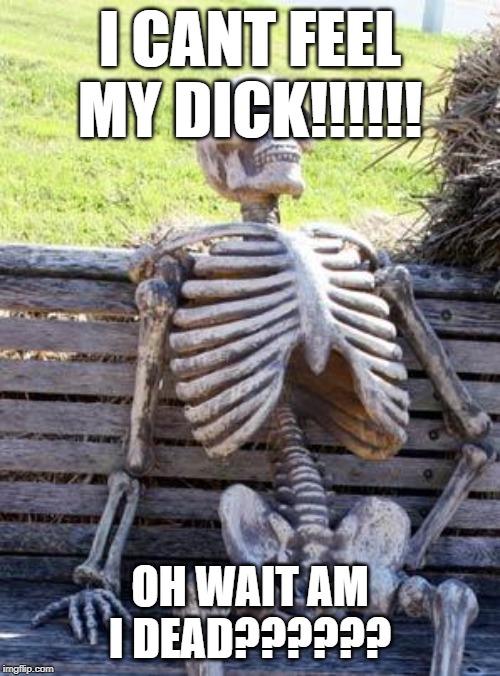 Waiting Skeleton | I CANT FEEL MY DICK!!!!!! OH WAIT AM I DEAD?????? | image tagged in memes,waiting skeleton | made w/ Imgflip meme maker