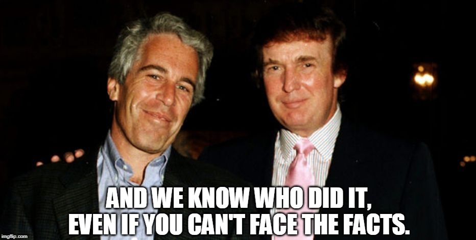 Trump Epstein | AND WE KNOW WHO DID IT, EVEN IF YOU CAN'T FACE THE FACTS. | image tagged in trump epstein | made w/ Imgflip meme maker
