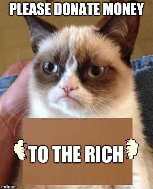 Grumpy Cat Cardboard Sign | PLEASE DONATE MONEY; TO THE RICH | image tagged in grumpy cat cardboard sign | made w/ Imgflip meme maker