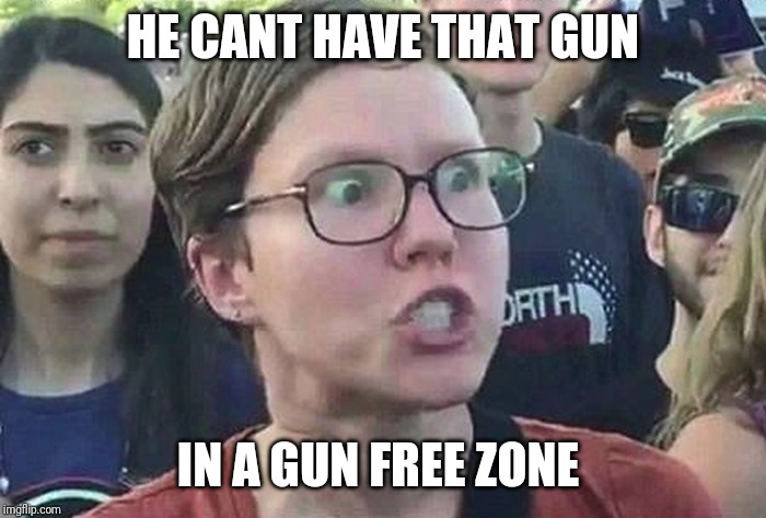 Triggered Liberal | HE CANT HAVE THAT GUN IN A GUN FREE ZONE | image tagged in triggered liberal | made w/ Imgflip meme maker