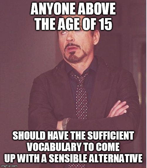Face You Make Robert Downey Jr Meme | ANYONE ABOVE THE AGE OF 15 SHOULD HAVE THE SUFFICIENT VOCABULARY TO COME UP WITH A SENSIBLE ALTERNATIVE | image tagged in memes,face you make robert downey jr | made w/ Imgflip meme maker