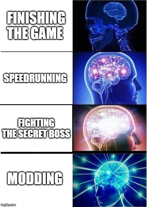 Expanding Brain | FINISHING THE GAME; SPEEDRUNNING; FIGHTING THE SECRET BOSS; MODDING | image tagged in memes,expanding brain | made w/ Imgflip meme maker