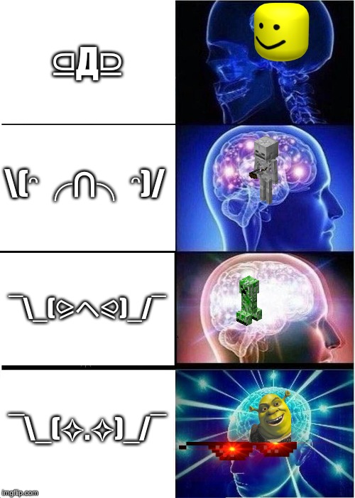 Expanding Brain | ⫑Д⫒; \(ᵔ╭∩╮ᵔ)/; ¯\_(⪩ヘ⪨)_/¯; ¯\_(✧.✧)_/¯ | image tagged in memes,expanding brain | made w/ Imgflip meme maker