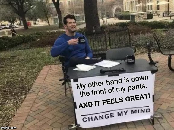 Change My Mind Meme | My other hand is down the front of my pants. AND IT FEELS GREAT! | image tagged in memes,change my mind | made w/ Imgflip meme maker
