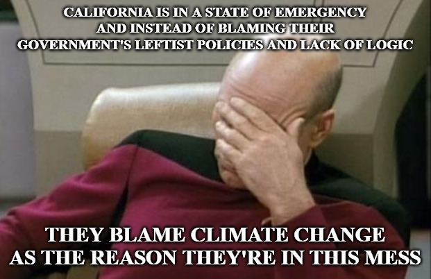 When you're told that the underbrush is a huge problem in your state and you still refuse to clear it out, you're dumb. | CALIFORNIA IS IN A STATE OF EMERGENCY AND INSTEAD OF BLAMING THEIR GOVERNMENT'S LEFTIST POLICIES AND LACK OF LOGIC; THEY BLAME CLIMATE CHANGE AS THE REASON THEY'RE IN THIS MESS | image tagged in memes,captain picard facepalm | made w/ Imgflip meme maker