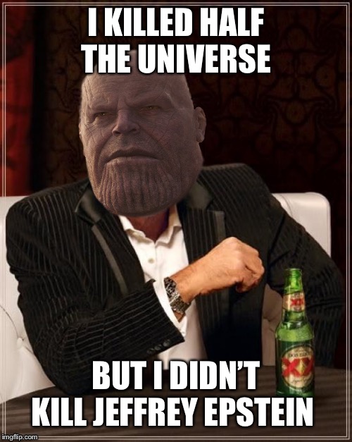 We all know.... | I KILLED HALF THE UNIVERSE; BUT I DIDN’T KILL JEFFREY EPSTEIN | image tagged in most interesting titan in the universe,jeffrey epstein,clinton,murder,funny memes | made w/ Imgflip meme maker