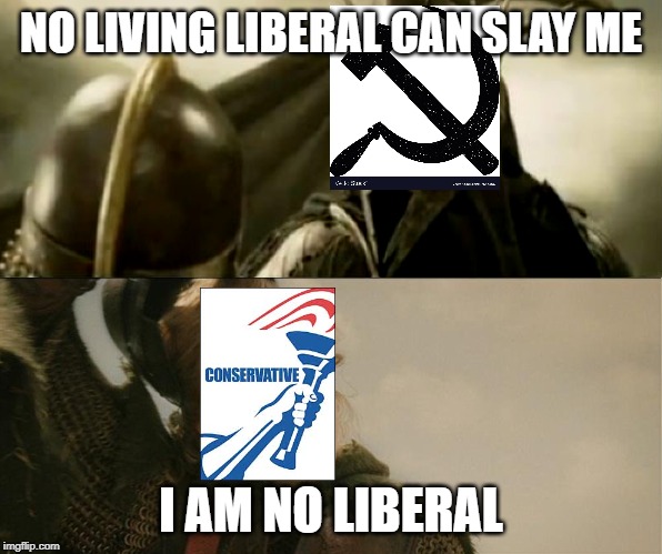 I Am No Man | NO LIVING LIBERAL CAN SLAY ME; I AM NO LIBERAL | image tagged in i am no man,communist,conservatives,leftists,tradition | made w/ Imgflip meme maker
