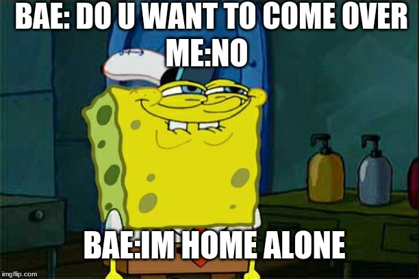 Home Alone | BAE: DO U WANT TO COME OVER; ME:NO; BAE:IM HOME ALONE | image tagged in bae,funny | made w/ Imgflip meme maker