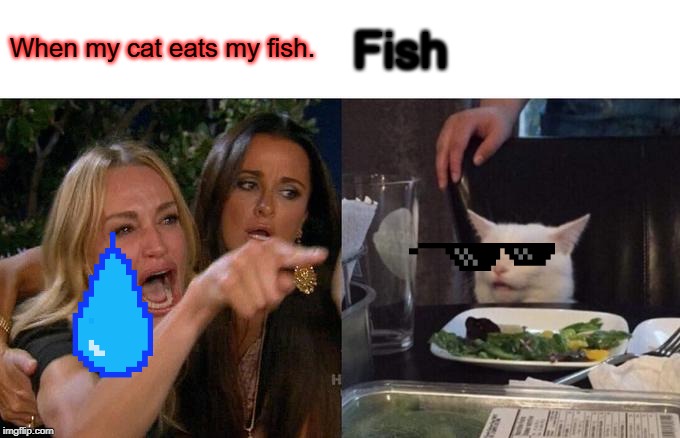 Woman Yelling At Cat | When my cat eats my fish. Fish | image tagged in memes,woman yelling at a cat | made w/ Imgflip meme maker