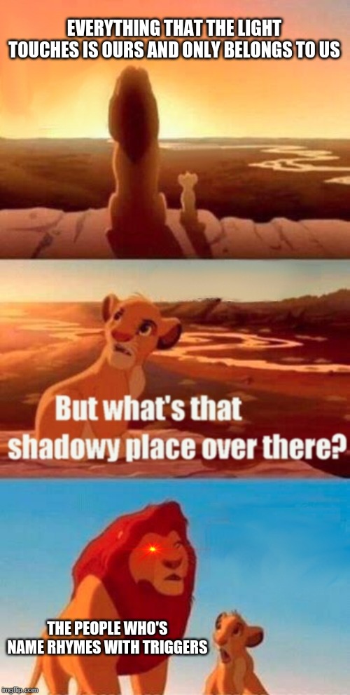 Simba Shadowy Place | EVERYTHING THAT THE LIGHT TOUCHES IS OURS AND ONLY BELONGS TO US; THE PEOPLE WHO'S NAME RHYMES WITH TRIGGERS | image tagged in memes,simba shadowy place | made w/ Imgflip meme maker