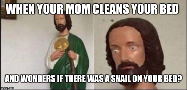 Wide eyed jesus | WHEN YOUR MOM CLEANS YOUR BED; AND WONDERS IF THERE WAS A SNAIL ON YOUR BED? | image tagged in wide eyed jesus | made w/ Imgflip meme maker