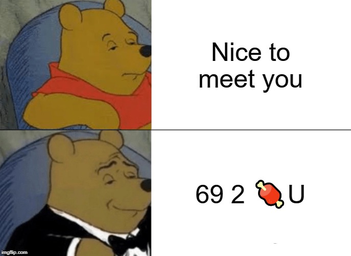 Tuxedo Winnie The Pooh Meme | Nice to meet you; 69 2 🍖U | image tagged in memes,tuxedo winnie the pooh | made w/ Imgflip meme maker