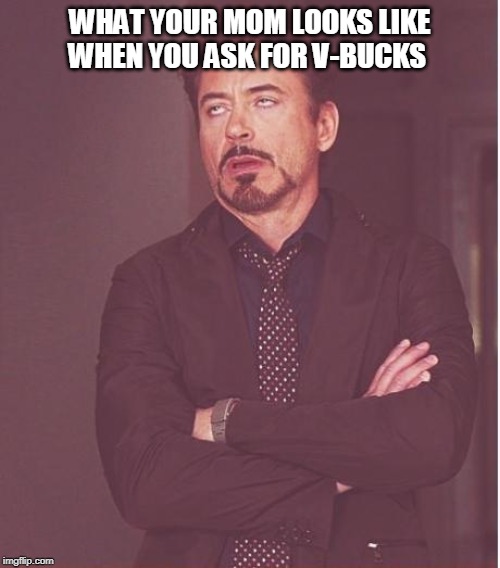 Face You Make Robert Downey Jr | WHAT YOUR MOM LOOKS LIKE WHEN YOU ASK FOR V-BUCKS | image tagged in memes,face you make robert downey jr | made w/ Imgflip meme maker