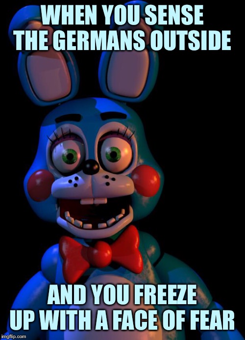 Toy Bonnie FNaF | WHEN YOU SENSE THE GERMANS OUTSIDE; AND YOU FREEZE UP WITH A FACE OF FEAR | image tagged in toy bonnie fnaf | made w/ Imgflip meme maker