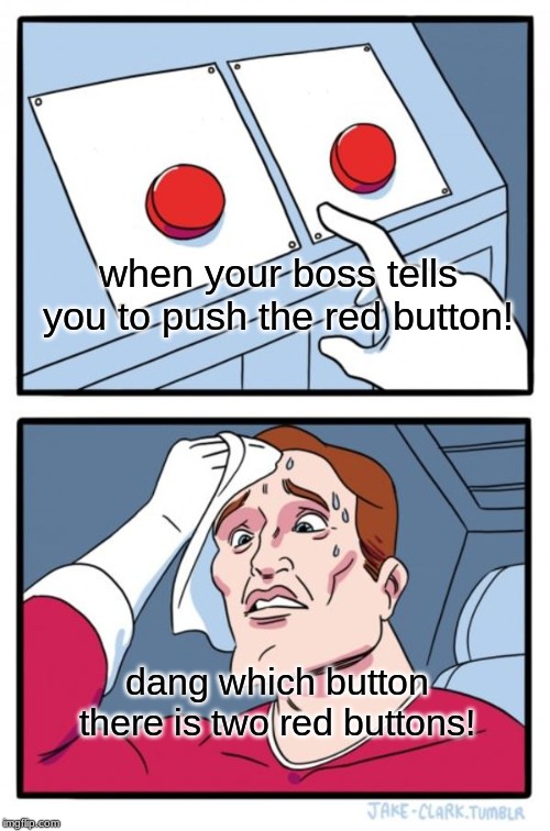 Two Buttons Meme | when your boss tells you to push the red button! dang which button there is two red buttons! | image tagged in memes,two buttons | made w/ Imgflip meme maker