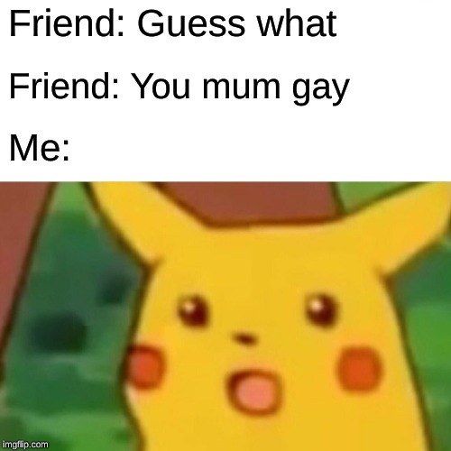 Surprised Pikachu Meme | Friend: Guess what; Friend: You mum gay; Me: | image tagged in memes,surprised pikachu | made w/ Imgflip meme maker