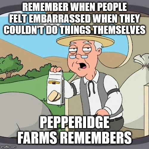 Pepperidge Farm Remembers Meme | REMEMBER WHEN PEOPLE FELT EMBARRASSED WHEN THEY COULDN'T DO THINGS THEMSELVES; PEPPERIDGE FARMS REMEMBERS | image tagged in memes,pepperidge farm remembers | made w/ Imgflip meme maker