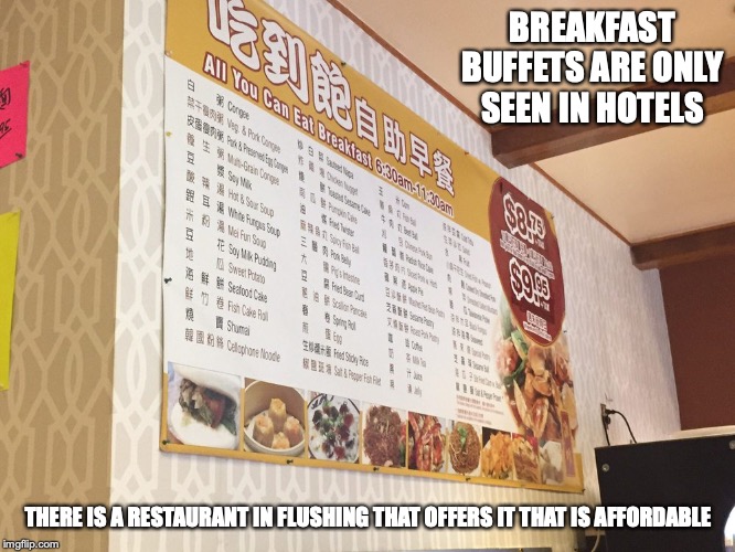 Breakfast Buffet | BREAKFAST BUFFETS ARE ONLY SEEN IN HOTELS; THERE IS A RESTAURANT IN FLUSHING THAT OFFERS IT THAT IS AFFORDABLE | image tagged in food,buffet,breakfast,memes | made w/ Imgflip meme maker