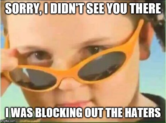 cool kid with orange sunglasses | SORRY, I DIDN'T SEE YOU THERE I WAS BLOCKING OUT THE HATERS | image tagged in cool kid with orange sunglasses | made w/ Imgflip meme maker
