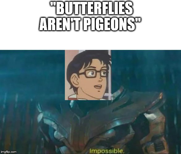 Thanos Impossible | "BUTTERFLIES AREN'T PIGEONS" | image tagged in thanos impossible | made w/ Imgflip meme maker