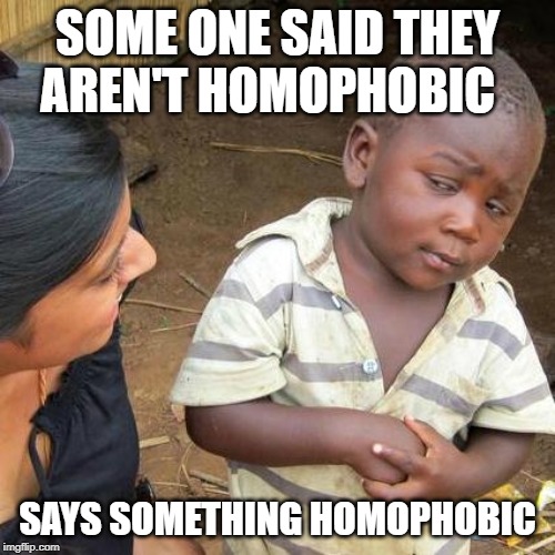 u shear | SOME ONE SAID THEY AREN'T HOMOPHOBIC; SAYS SOMETHING HOMOPHOBIC | image tagged in memes,third world skeptical kid,lgbtq,gay | made w/ Imgflip meme maker