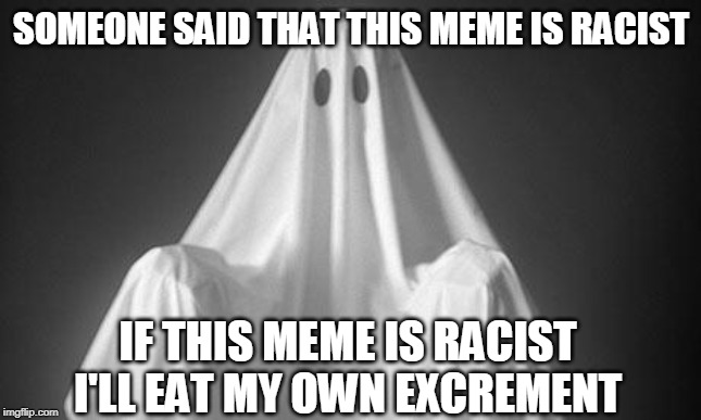 Ghost | SOMEONE SAID THAT THIS MEME IS RACIST IF THIS MEME IS RACIST I'LL EAT MY OWN EXCREMENT | image tagged in ghost | made w/ Imgflip meme maker