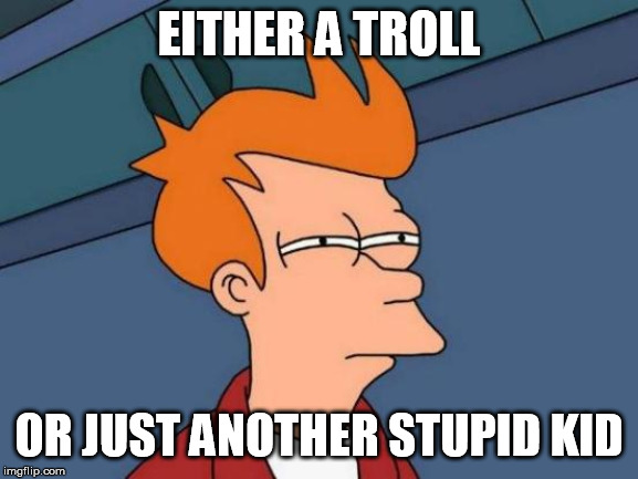 EITHER A TROLL OR JUST ANOTHER STUPID KID | image tagged in memes,futurama fry | made w/ Imgflip meme maker