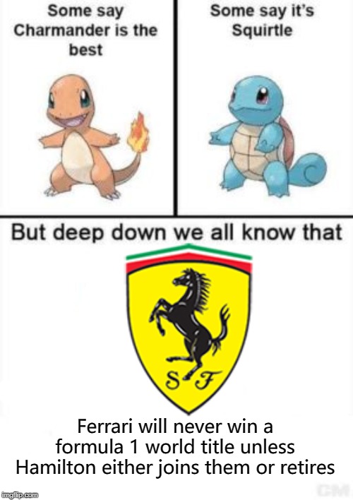 You can't really argue with this can you | Ferrari will never win a formula 1 world title unless Hamilton either joins them or retires | image tagged in deep down we all know that,f1 | made w/ Imgflip meme maker