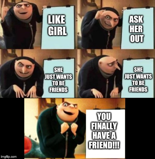 Gru's plan 5 panel |  ASK 
HER 
OUT; LIKE 
GIRL; SHE JUST WANTS TO BE FRIENDS; SHE JUST WANTS TO BE FRIENDS; YOU FINALLY HAVE A FRIEND!!! | image tagged in gru's plan 5 panel | made w/ Imgflip meme maker