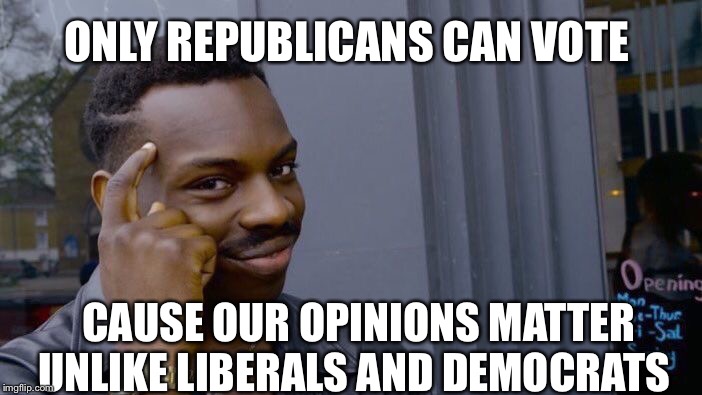 Roll Safe Think About It | ONLY REPUBLICANS CAN VOTE; CAUSE OUR OPINIONS MATTER UNLIKE LIBERALS AND DEMOCRATS | image tagged in memes,roll safe think about it | made w/ Imgflip meme maker