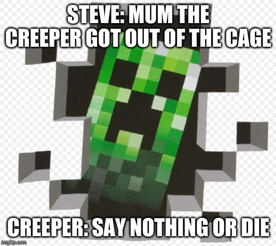 Minecraft Creeper | STEVE: MUM THE CREEPER GOT OUT OF THE CAGE; CREEPER: SAY NOTHING OR DIE | image tagged in minecraft creeper | made w/ Imgflip meme maker