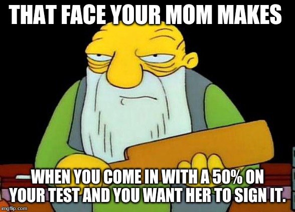 That's a paddlin' Meme | THAT FACE YOUR MOM MAKES; WHEN YOU COME IN WITH A 50% ON YOUR TEST AND YOU WANT HER TO SIGN IT. | image tagged in memes,that's a paddlin' | made w/ Imgflip meme maker