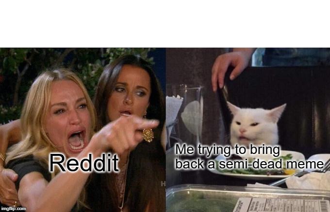 Woman Yelling At Cat Meme | Me trying to bring back a semi-dead meme; Reddit | image tagged in memes,woman yelling at a cat | made w/ Imgflip meme maker