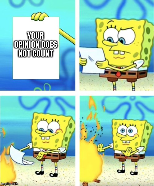 Spongebob Burning Paper | YOUR OPINION DOES NOT COUNT | image tagged in spongebob burning paper,opinion | made w/ Imgflip meme maker