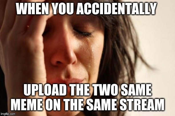 First World Problems | WHEN YOU ACCIDENTALLY; UPLOAD THE TWO SAME MEME ON THE SAME STREAM | image tagged in memes,first world problems | made w/ Imgflip meme maker